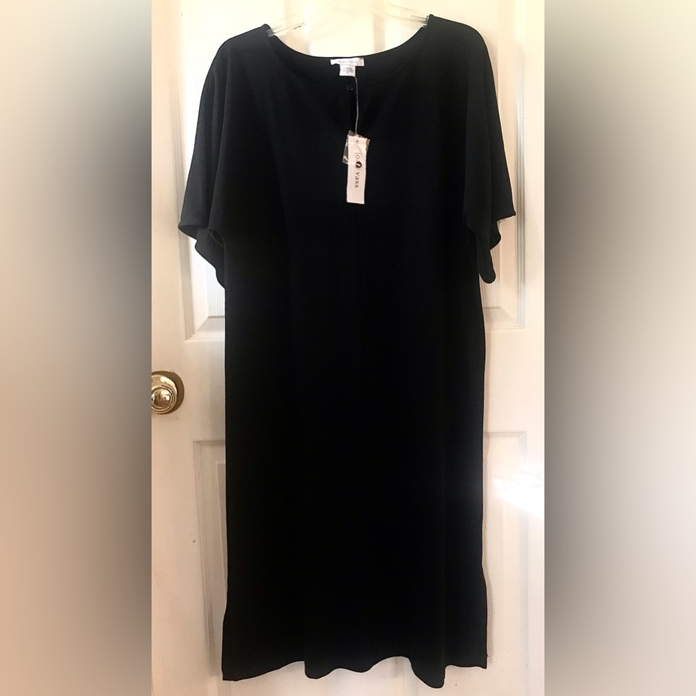 New Joan Vass Black Cotton Dress Jersey Knit Size 2 Petite MIDI